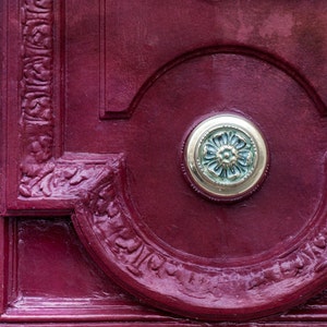 Paris Photo - Maroon Door and Knob, Paris, France, Architectural Detail Fine Art Photograph, Urban Home Decor