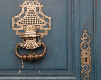 Paris Photograph - Blue Door With Brass Knocker and Lock, Vintage Decor, Architectural Fine Art Photograph, Urban Home Decor, Wall Art