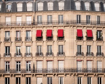 Paris Photo - Red Awnings, Paris decor, Architectural Fine Art Photograph, Urban Home Decor