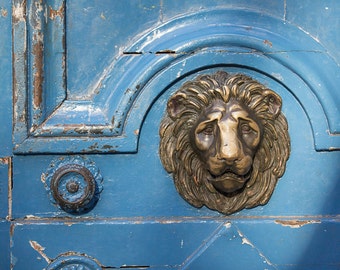 Paris Photo - Blue Door with Lion, Ornate Door Knocker, Architectural Detail Fine Art Photograph, Urban Home Decor