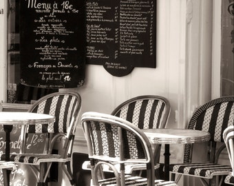 Paris Photography - Sidewalk Cafe, Black and White, Menu and Cafe Chairs, Home Decor, French Kitchen Wall Art