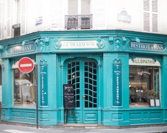 Paris Photograph - La Pharmacie, Paris Cafe Fine Art Photograph, Teal Decor, Large Wall Art, Home Decor