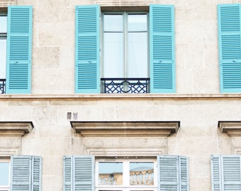 Paris Photography - Blue Shutters, Paris Architectural Fine Art Photograph, Large Wall Art, French Home Decor