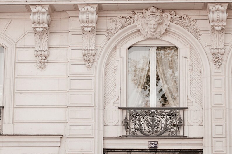 Paris Photograph, Baroque Window, Classic Black and White Photo, Neutral Home Decor, Wall Art, French Architecture image 1