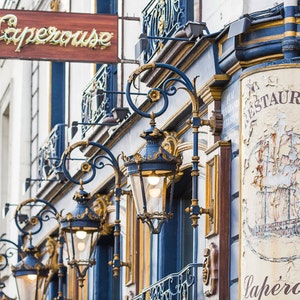 Paris Cafe Photograph, Laperouse Sign and Lights-Horizontal, Large Wall Art, French Kitchen Decor, Fine Art Travel Photograph