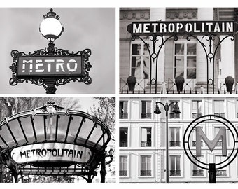 Paris Photography Set - Black and White Metro Signs, Architectural Details Collection, Urban Wall Decor, French Travel Photographs