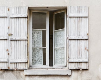 Paris Photograph - Shutters and Lace in Paris Window,  Parisian Architecture, Neutral French Home Decor, Large Wall Art