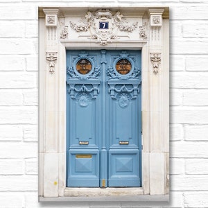 Paris Photography on Canvas Light Blue Door No. 7, Gallery Wrapped Canvas, Architectural Urban Home Decor, Large Wall Art image 1