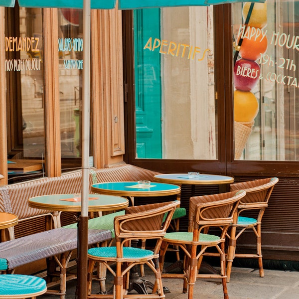 Paris Photography, Aperitifs, Cafe, Teal Cafe Chairs, Sidewalk Cafe, French Wall Decor