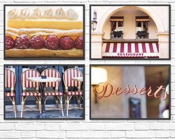 May include: Four framed images of a Parisian cafe. The top left image shows a pastry with raspberries and whipped cream. The top right image shows a cafe storefront with a red and white awning that reads "RESTAURANT". The bottom left image shows three striped chairs and a table. The bottom right image shows a blurred image of a cafe window with the word "Desserts" in red lettering.
