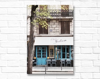 Paris Photograph on Canvas - Cafe Julien, Gallery Wrapped Canvas, Paris Cafe, Blue Door, Large Wall Art, Urban Decor