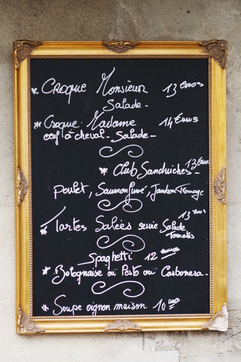 Paris Kitchen Photograph, Chalkboard Menu, French Cafe Travel Photograph, Kitchen Decor, Large Wall Art image 1