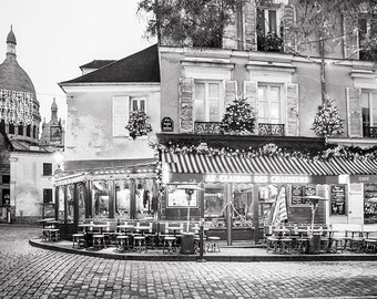 Paris Cafe Photograph, Place du Tertre at Christmas, Black and White Photo, Paris Art Print, Large Wall Art, French Decor, Travel Photograph