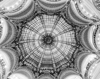 Paris Photography - Black and White Ceiling at Galeries Lafayette, Architectural Wall Decor, Fine Art Photograph, Paris Print