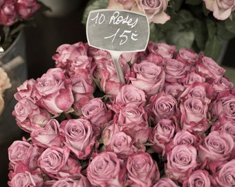 Paris Roses Photography - Faded Roses at a Paris Market, French Home Decor, Large Wall Art