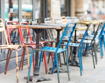Paris Photography - Colorful Cafe Chairs, Paris Sidewalk Cafe, Rustic Decor, Large Wall Art, French Kitchen Art, Home Decor