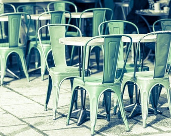 Paris Cafe Fine Art Photograph, Green Cafe Chairs, French Kitchen Decor, Travel Photograph, Large Wall Art