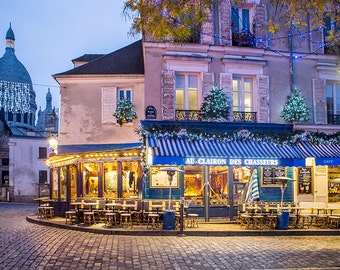 Paris Cafe Photograph, Place du Tertre at Christmas, Paris Art Print, Large Wall Art, French Decor, Travel Photograph