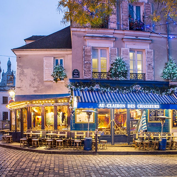 Paris Cafe Photograph, Place du Tertre at Christmas, Paris Art Print, Large Wall Art, French Decor, Travel Photograph