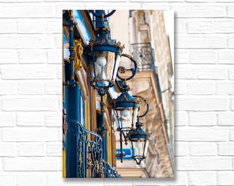 Paris Photograph on Canvas - Blue Lanterns on  Paris Architecture Photo, Gallery Wrapped Canvas, French Home Decor, Large Wall Art