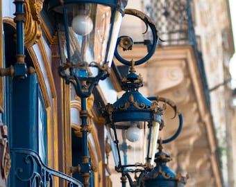 Paris Photography - Blue Lanterns, Architectural Fine Art Photo, Blue and Gold French Home Decor, Large Wall Art