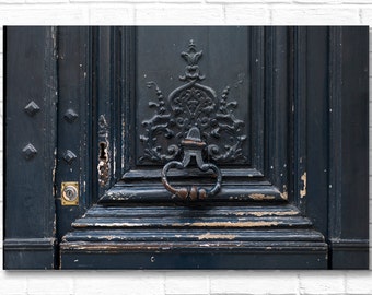 Paris Photograph on Canvas - Black Door with Knocker,  Gallery Wrapped Canvas, Architecture Photograph, Urban Decor, Large Wall Art