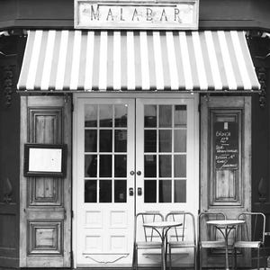 Paris Cafe Photograph, Malabar Cafe, Black and White Photo, Large Wall Art, French Kitchen Decor, Blue Door, Travel Photograph