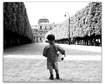 Paris Photography - Black and White Photograph, Young Boy with Soccer Ball, Le Football,  Nursery Decor, Wall Decor