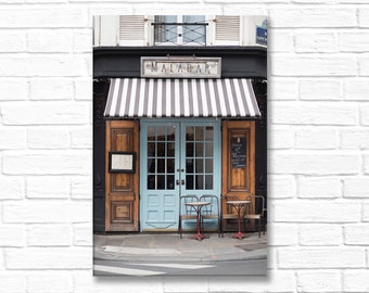 Paris Photograph on Canvas - Malabar, Gallery Wrapped Canvas, Paris Cafe, Blue Door, Urban Decor, Large Wall Art