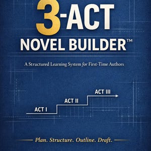 May include: A blue book cover with the title "THE 3-ACT NOVEL BUILDER" in white and gold lettering. The cover includes a diagram illustrating the novel's structure, with the words "Plan. Structure. Outline. Draft."