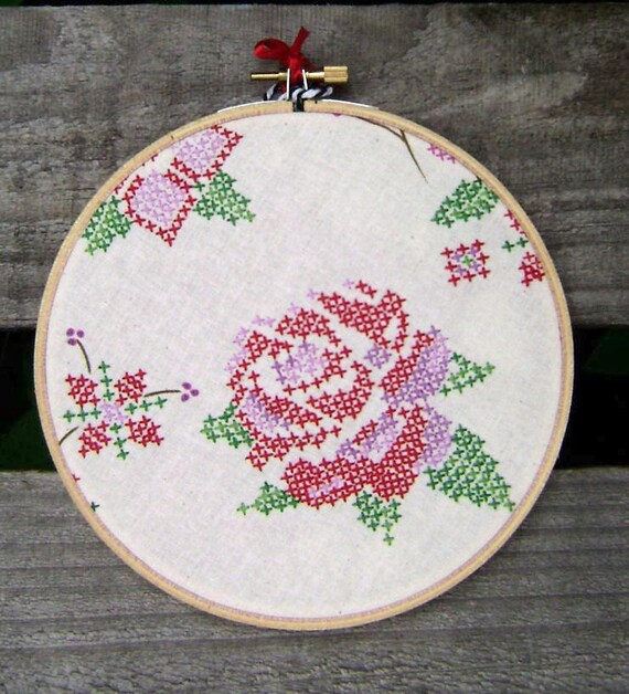 Items similar to Red Rose Cross Stitch Wall Hanging on Etsy