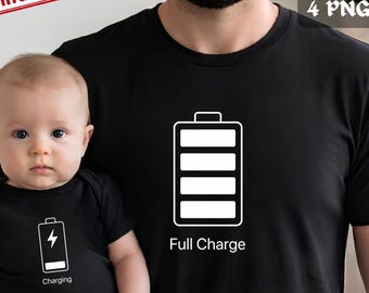 Pacchetto Festa del Papà PNG / Magliette abbinate per papà e bambino con scritta "Full Charge Charging" / PNG divertente per papà / Prima Festa del Papà / Confezione da 4