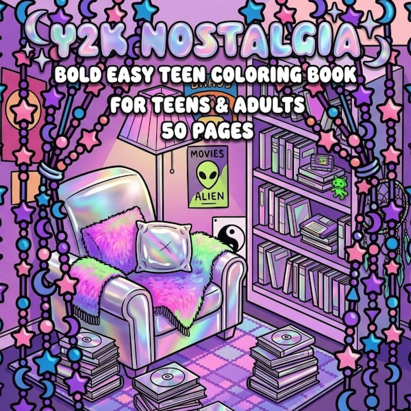 50 Y2K Coloring Pages | 90s and 2000s Nostalgia Coloring Book | Aesthetic Pop Culture & Retro Vibes | Printable PDF | Instant Download