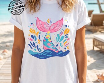 Cute Coastal Summer Theme Beach PNG  Colorful Mermaid Tail Splash Design Digital Clipart  Transparent Background 300 DPI 1:1 Square