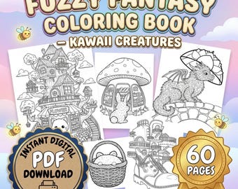 60 Fuzzy Fantasy Coloring Pages | Kawaii Creatures Coloring Book | Cute Magical Animals & Plush Style Art | Printable PDF | Instant Download