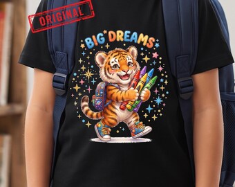 Simpatico cucciolo di tigre che torna a scuola png, design scolastico "grandi sogni", file PNG, 6000x6000 300 DPI, stampa a sublimazione