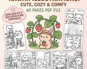 60 Dreamy Kawaii Coloring Pages | Cute Cozy & Comfy Illustrations Coloring Book | Aesthetic Kawaii Art | Printable PDF | Instant Download