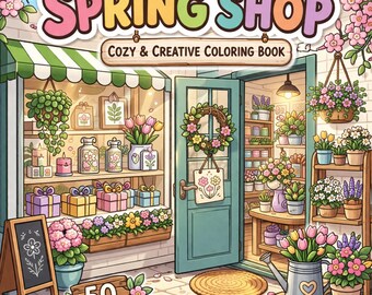 50 Spring Shop Interior Coloring Pages | Cute Storefront & Seasonal Coloring Book | Cozy Retail and Market Scenes |  Instant Download