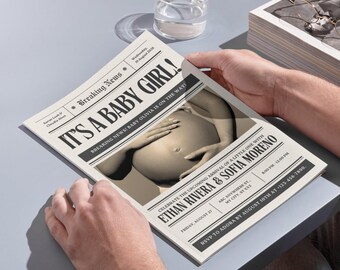 Custom Baby Girl Announcement Newspaper | Celebrate Upcoming Arrival | Personalized Baby Girl Poster | Pregnancy Reveal Print |  PDF