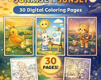 30 Sunrise to Sunset Coloring Pages | Day to Night Landscape Coloring Book | Nature & Sky Scenes | Printable PDF | Instant Download
