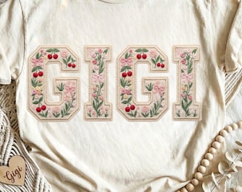Floral GIGI PNG, Faux Embroidery Patch Grandma Design, Cherry Blossom Gigi Shirt Sublimation, Mother's Day Digital Download
