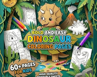 50 Bold & Easy Dinosaur Coloring Pages for Kids | Simple Dino Coloring Book | Large Easy Designs for Toddlers and Preschool |  PDF Download