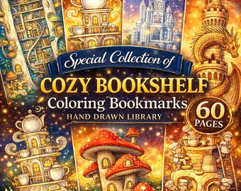 60 Cozy Bookshelf Coloring Bookmarks | Hand Drawn Library Bookmark Coloring Pages | Detailed Cozy Book Lover Designs |  PDF Download