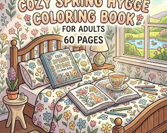60 Cozy Spring Hygge Coloring Pages for Adults | Cottagecore Coloring Book | Cute Aesthetic Spring Scenes & Flowers | Printable