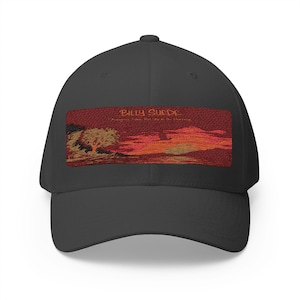 May include: A charcoal baseball cap with an embroidered patch. The patch displays the text "BILLY SUEDE" above a landscape scene of a tree and sunset in red, orange, and brown. The cap is made of a soft, durable material.
