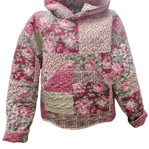 Sudadera con capucha acolchada reciclada hecha a mano - Patchwork floral para mujer