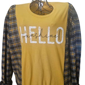 Upcycled Flannel T-Shirt "Hello Sunshine" Women's oversized XL