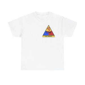 May include: White t-shirt featuring a colorful triangular emblem on the chest. The emblem has a yellow border, with red, blue, and yellow elements, and the text "ON TARGET" below. A casual, everyday wear tee.