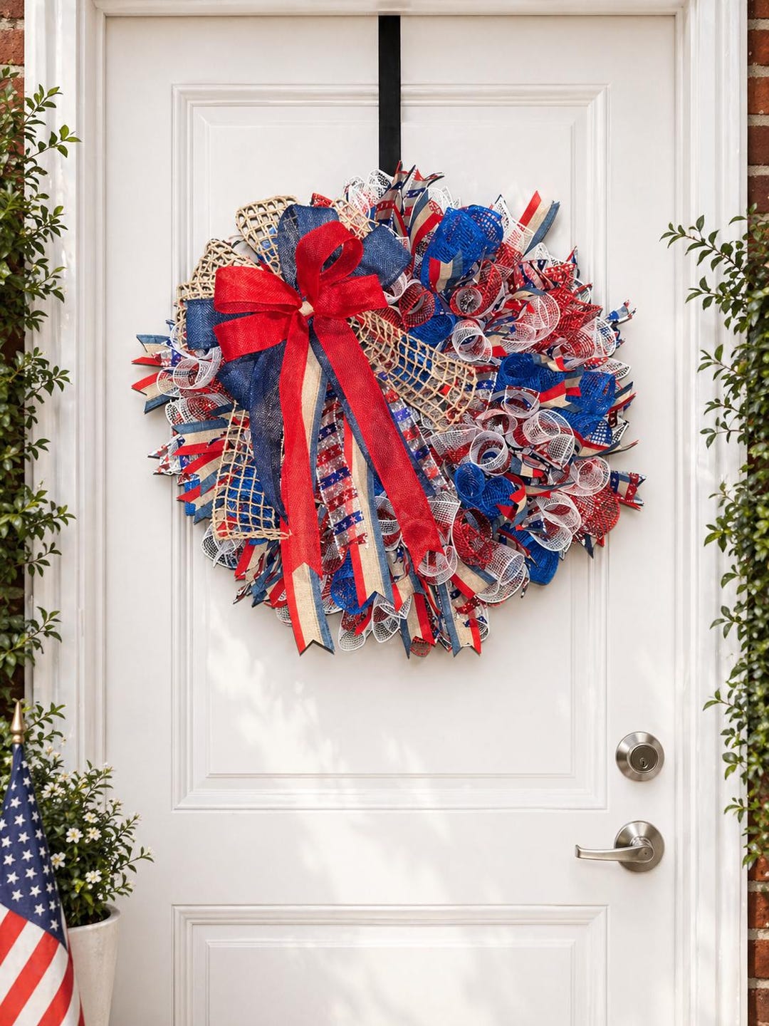 Patriotic Deco Mesh Wreath With Large Bow | 4th of July Front Door ...