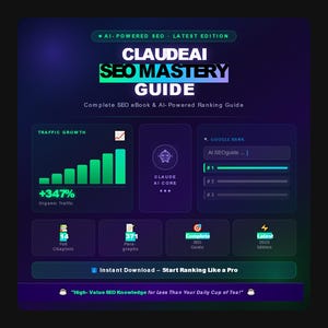 May include: A digital graphic promoting the "ClaudeAI SEO Mastery Guide." The design features a dark blue and purple gradient background with green and white text. Key elements include traffic growth charts, AI core icons, and the text "Instant Download - Start Ranking Like a Pro."